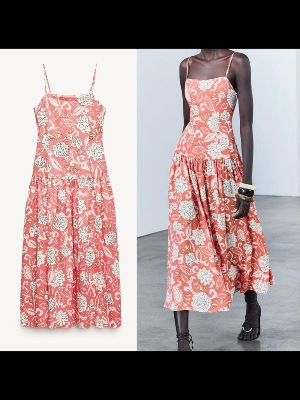 Zara Floral Coral Spaghetti-Strap Midi Dress
